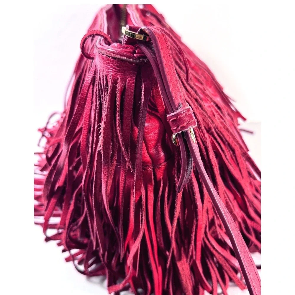 Zara Woman Red Genuine Leather Fringe Bohemian Crossbody